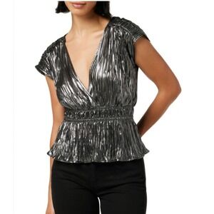 JOE'S Jeans Lea Lame Metallic Peplum Top Metallic Silver Plunge Neck Smocked S
